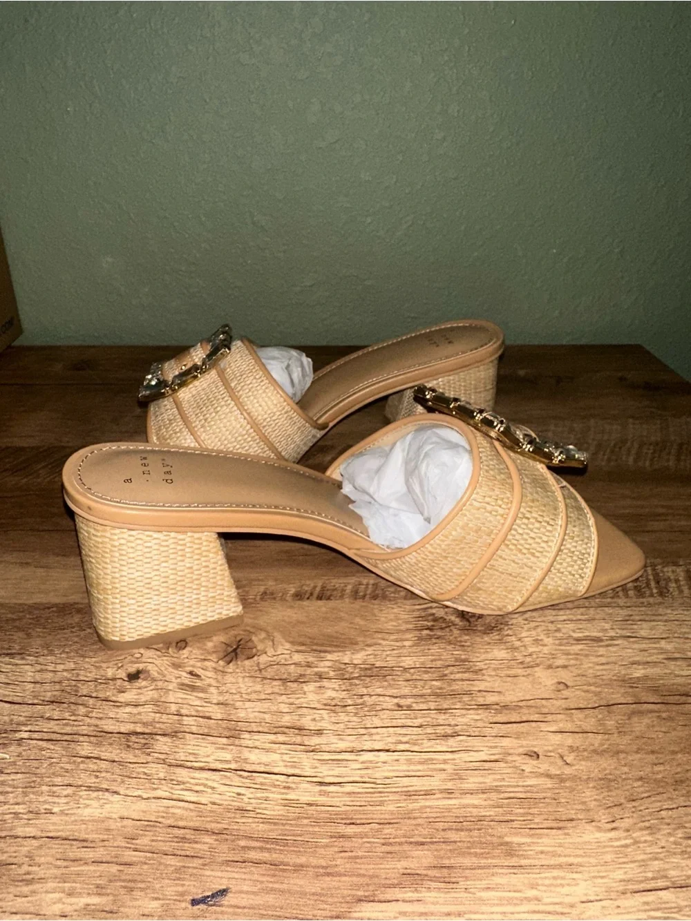 a new day Beige Woven Block Heel Mules with Crystal Buckles - Picture 2 of 8